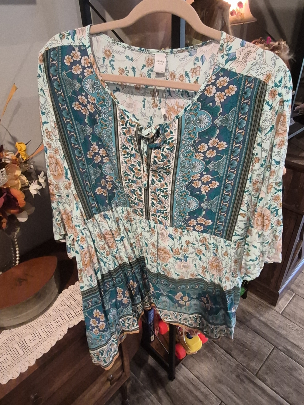 Boho Floral Peasant Top in Teal and Cream